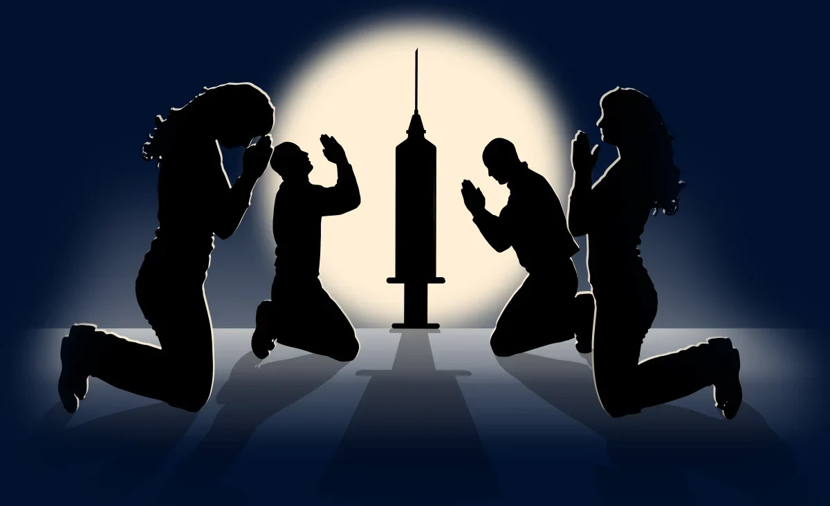 image of silhouettes of people worshipping a syringe